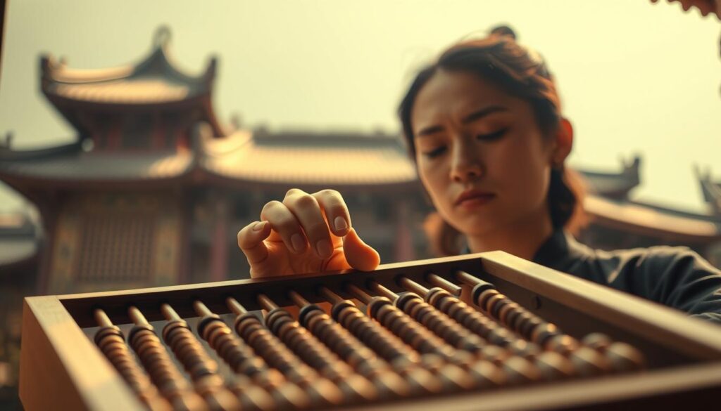 A close-up view of a person's hands skillfully operating a Chinese abacus, with a serene, meditative expression on their face. The abacus is set against a blurred, hazy backdrop of traditional Asian architecture, evoking a sense of wisdom and time-honored practices. Warm, natural lighting casts a soft glow, highlighting the intricate movements and the tactile experience of using this ancient calculating tool. The overall mood is one of focus, tranquility, and the mastery of a specialized technique passed down through generations. A close-up view of a person's hands skillfully operating a Chinese abacus, with a serene, meditative expression on their face. The abacus is set against a blurred, hazy backdrop of traditional Asian architecture, evoking a sense of wisdom and time-honored practices. Warm, natural lighting casts a soft glow, highlighting the intricate movements and the tactile experience of using this ancient calculating tool. The overall mood is one of focus, tranquility, and the mastery of a specialized technique passed down through generations.