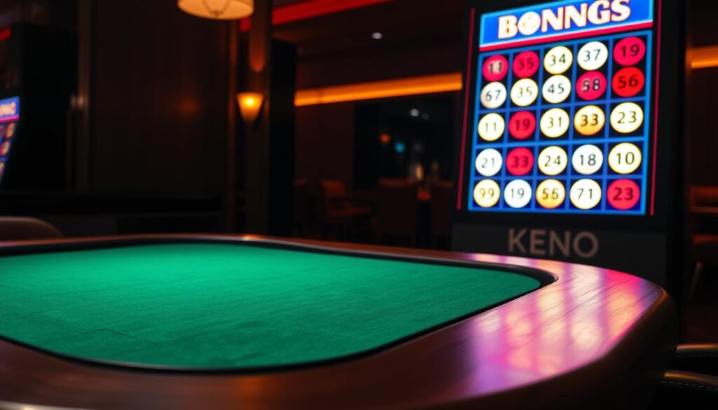 A dimly lit casino table with a vibrant Keno display board prominently showcased. The table features a sleek, dark wooden surface, providing a sophisticated ambiance. Green felt covers the playing area, inviting players to place their bets. On the display board, glowing numbered balls dance across a digital screen, captivating the viewers. The lighting is warm and atmospheric, creating a sense of anticipation and excitement. The scene is captured from a slightly elevated angle, allowing the viewer to take in the full scope of the Keno setup. This image aims to introduce the basic mechanics and allure of the Keno lottery game. A dimly lit casino table with a vibrant Keno display board prominently showcased. The table features a sleek, dark wooden surface, providing a sophisticated ambiance. Green felt covers the playing area, inviting players to place their bets. On the display board, glowing numbered balls dance across a digital screen, captivating the viewers. The lighting is warm and atmospheric, creating a sense of anticipation and excitement. The scene is captured from a slightly elevated angle, allowing the viewer to take in the full scope of the Keno setup. This image aims to introduce the basic mechanics and allure of the Keno lottery game.