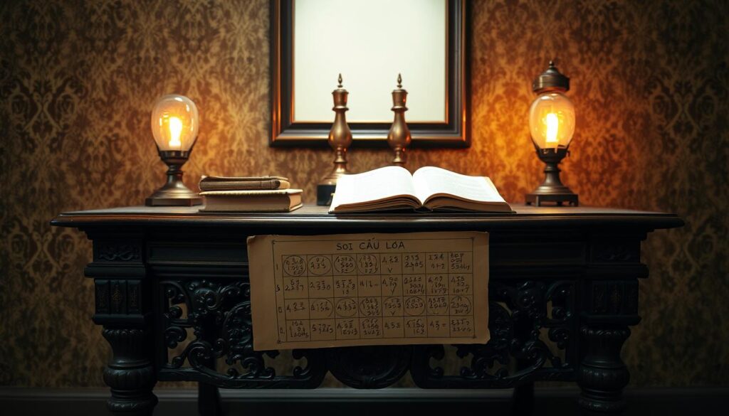 A dimly lit, ornate wooden table with intricate carvings, set against a backdrop of a richly textured, muted wallpaper. On the table, a stack of old, worn books, a pair of antique brass lamps casting a warm, soft glow, and a hand-drawn diagram depicting various numerical patterns and calculations. The atmosphere is one of contemplation and scholarly pursuit, hinting at the mysteries and strategies of "soi cầu lô đề" - the Vietnamese art of lottery number prediction. A dimly lit, ornate wooden table with intricate carvings, set against a backdrop of a richly textured, muted wallpaper. On the table, a stack of old, worn books, a pair of antique brass lamps casting a warm, soft glow, and a hand-drawn diagram depicting various numerical patterns and calculations. The atmosphere is one of contemplation and scholarly pursuit, hinting at the mysteries and strategies of "soi cầu lô đề" - the Vietnamese art of lottery number prediction.