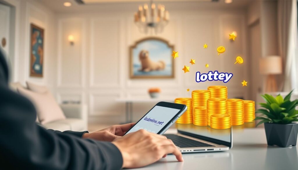 A serene and inviting online lottery scene. In the foreground, a person comfortably sits at a desk, laptop open, hand hovering over a sleek, minimalist mobile device displaying the lodeonline.in.net interface. The middle ground showcases stacks of gold coins and glittering jackpot symbols, conveying the potential rewards of participating. The background features a tranquil, elegant interior with soft lighting, evoking a sense of trust and reliability. The overall atmosphere is one of ease, security, and the promise of lucrative returns, enticing the viewer to explore the benefits of online lottery engagement. A serene and inviting online lottery scene. In the foreground, a person comfortably sits at a desk, laptop open, hand hovering over a sleek, minimalist mobile device displaying the lodeonline.in.net interface. The middle ground showcases stacks of gold coins and glittering jackpot symbols, conveying the potential rewards of participating. The background features a tranquil, elegant interior with soft lighting, evoking a sense of trust and reliability. The overall atmosphere is one of ease, security, and the promise of lucrative returns, enticing the viewer to explore the benefits of online lottery engagement.